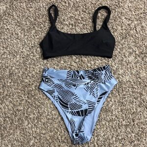 Aerie Black and Light Blue Leaf Print Bikini